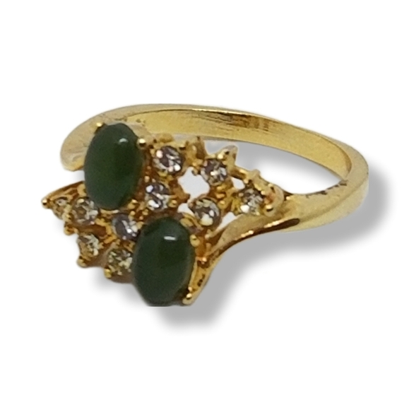VINTAGE 18K GOLDPLATE WITH GENUINE JADE & AUSTRIAN CRYSTAL COCKTAIL RING - Picture 3 of 4